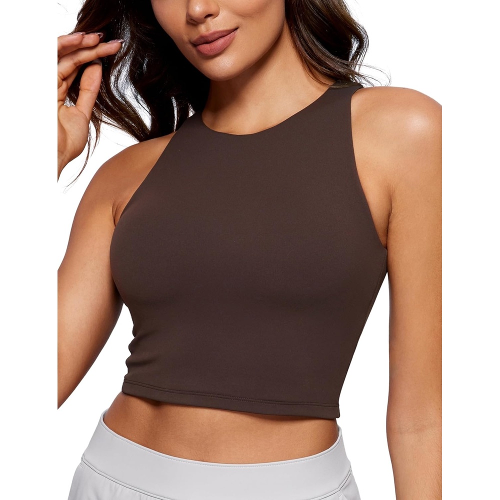 image:imageCRZ YOGA Womens Butterluxe Double Lined Cropped Tops High Neck Racerback Tanks Sleeveless Casual Workout Crop ShirtsHot Fudge Brown