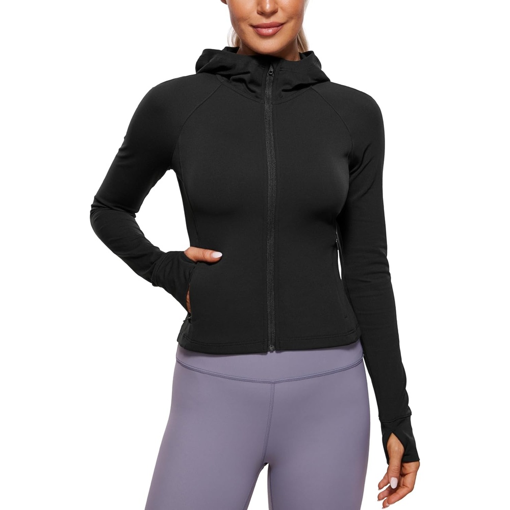 image:imageCRZ YOGA Womens Butterluxe Full Zip Workout Hoodie Jackets Slim Fit Hooded Athletic Yoga Lightweight Jacket with Thumb HolesBlack