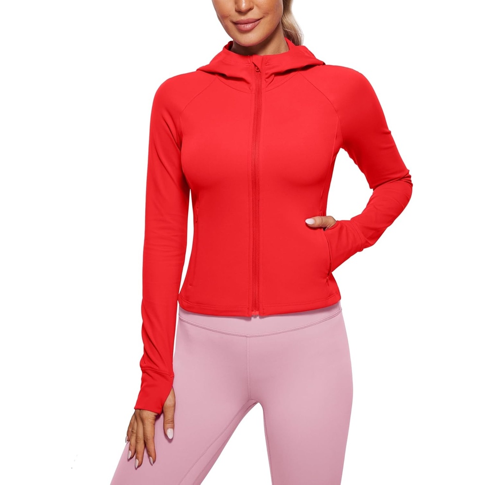 image:imageCRZ YOGA Womens Butterluxe Full Zip Workout Hoodie Jackets Slim Fit Hooded Athletic Yoga Lightweight Jacket with Thumb HolesDeep Red