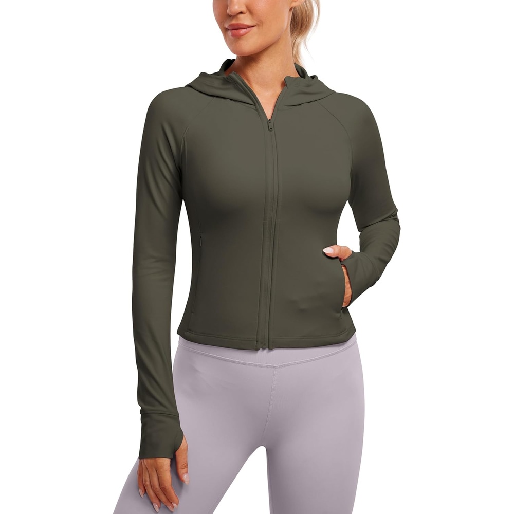 image:imageCRZ YOGA Womens Butterluxe Full Zip Workout Hoodie Jackets Slim Fit Hooded Athletic Yoga Lightweight Jacket with Thumb HolesLight Army Green