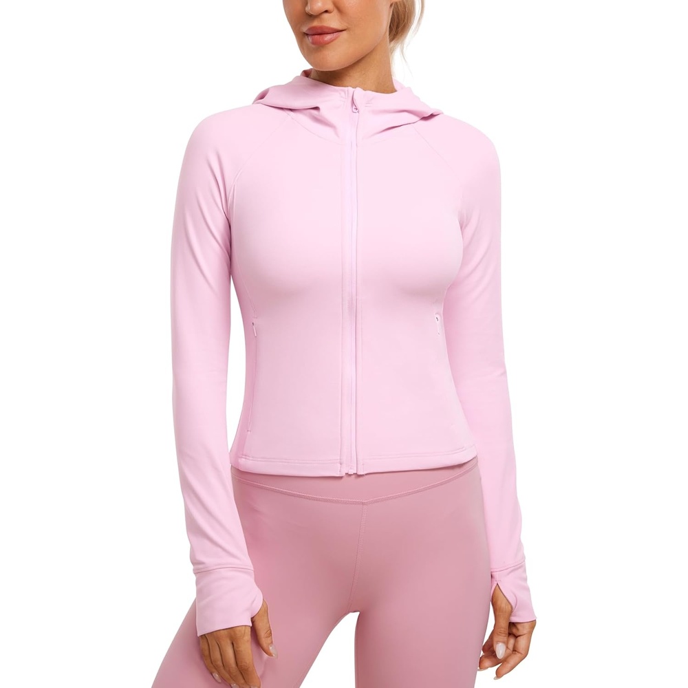 image:imageCRZ YOGA Womens Butterluxe Full Zip Workout Hoodie Jackets Slim Fit Hooded Athletic Yoga Lightweight Jacket with Thumb HolesPink Peony