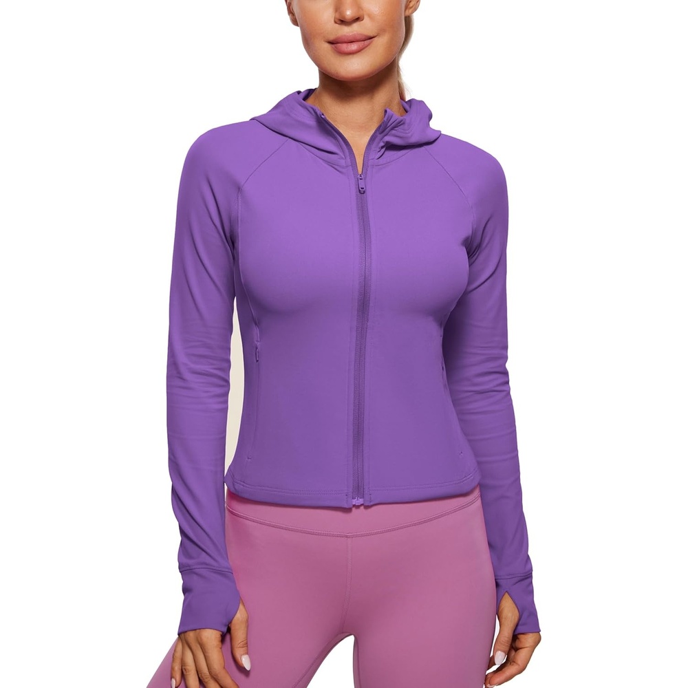 image:imageCRZ YOGA Womens Butterluxe Full Zip Workout Hoodie Jackets Slim Fit Hooded Athletic Yoga Lightweight Jacket with Thumb HolesRoyal Lilac