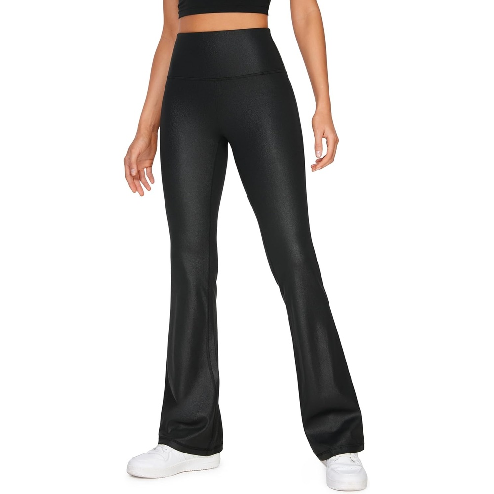 image:imageCRZ YOGA Womens Butterluxe Matte Faux Leather Flare Leggings 32 Inches High Waist Wide Leg Bootcut Yoga PantsFaux Leather Black