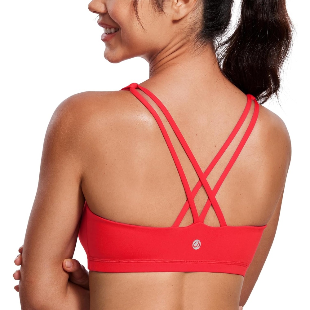 image:imageCRZ YOGA Womens Light Support Strappy Sports Bra Low Cut Wirefree Padded Yoga Cami Criss Cross BackDeep Red