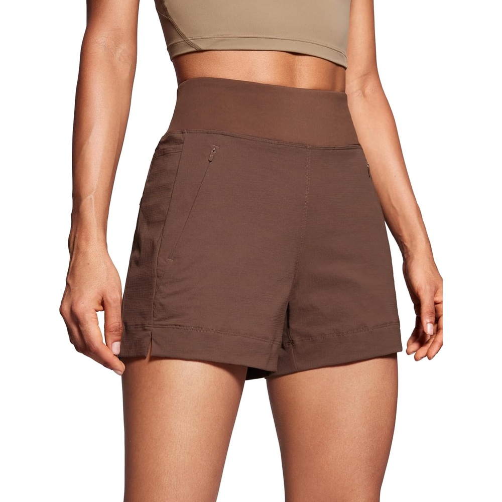 image:imageCRZ YOGA Womens Lightweight Mid Rise Hiking Shorts 4 Stretch for Athletic Summer Travel Outdoor Golf with Zip PocketsCoffee Brown