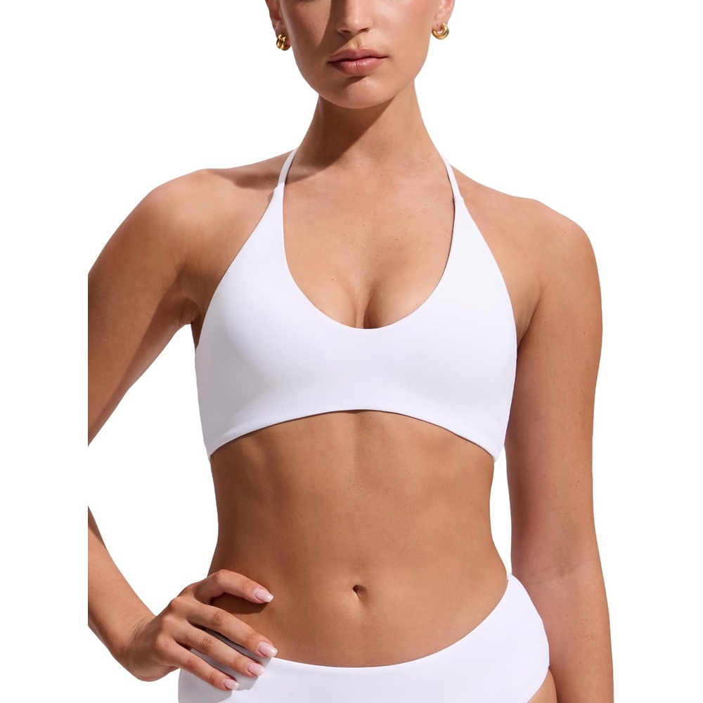 image:imageCRZ YOGA Womens Self Tie Halter Bikini Tops Swim Bathing Suit Scoop Neck Backless Swimsuit PaddedWhite