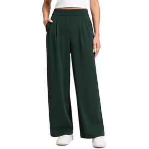 CRZ YOGA 4-Way Stretch Wide Leg Work Pants for Women 29.5″ – Bussiness Casual Trousers with Pockets(Legend Green)