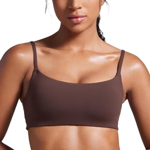 CRZ YOGA Butterbreeze Scoop Neck Sports Bras for Women – Spaghetti Straps Wireless Workout Padded Gym Cami Top(Hot Fudge Brown)