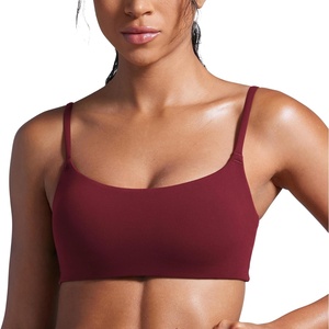 CRZ YOGA Butterbreeze Scoop Neck Sports Bras for Women – Spaghetti Straps Wireless Workout Padded Gym Cami Top(Red Merlot)