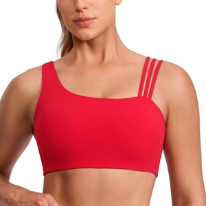 CRZ YOGA Butterlift Asymmetric Straps Sports Bras for Women – Medium Impact Padded Pilates Workout Gym Crop Top(Aurora Red)