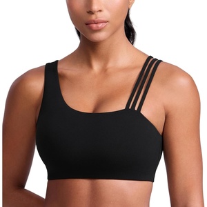 CRZ YOGA Butterlift Asymmetric Straps Sports Bras for Women – Medium Impact Padded Pilates Workout Gym Crop Top(Black)