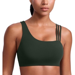 CRZ YOGA Butterlift Asymmetric Straps Sports Bras for Women – Medium Impact Padded Pilates Workout Gym Crop Top(Legend Green)