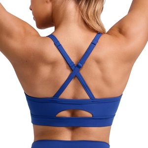 CRZ YOGA Butterlift Cut-Out Cross Back Sports Bras for Women – Medium Impact Adjustable Thin Straps Pilates Padded Gym Tops(Waves Blue)