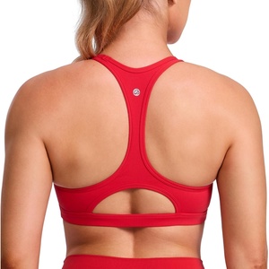 CRZ YOGA Butterlift Cut-Out Racerback Sports Bras for Women – Scoop Neck Medium Impact Padded Pilates Gym Workout Top(Aurora Red)