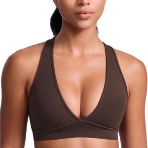 CRZ YOGA Butterlift Deep V Neck Sports Bras for Women – Padded Gym Wide Straps Cut-Out Cross Back Crop Pilates Workout Top(Hot Fudge Brown)
