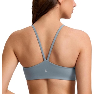 CRZ YOGA Butterlift Double Lined V Back Sports Bras for Women – Scoop Neck Spaghetti Strap Wireless Yoga Top Non Padded(Belgian Blue)