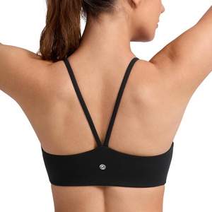 CRZ YOGA Butterlift Double Lined V Back Sports Bras for Women – Scoop Neck Spaghetti Strap Wireless Yoga Top Non Padded(Black)