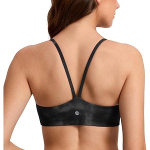 CRZ YOGA Butterlift Double Lined V Back Sports Bras for Women – Scoop Neck Spaghetti Strap Wireless Yoga Top Non Padded(Grey Tie Dye Flowers)