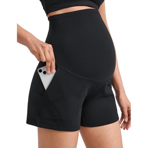CRZ YOGA Butterlift Maternity Linerless Shorts 4″ – Pockets Comfy Yoga Casual Workout Womens Pregnancy Over The Belly(Black)