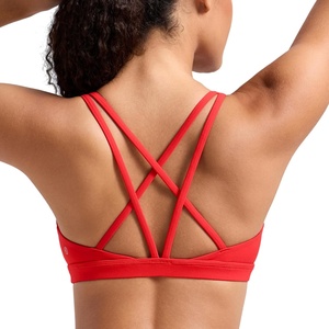 CRZ YOGA Butterlift Strappy Sports Bras for Women – Padded Low Cut Scoop Neck Cross Back Pilates Yoga Top(Deep Red)