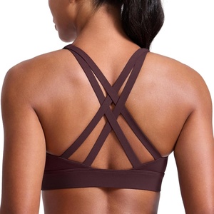 CRZ YOGA Butterlift Wide Criss Cross Straps Supportive Sports Bras for Women – Medium Impact Strappy Gym Padded Workout Top(Ripe Plum)