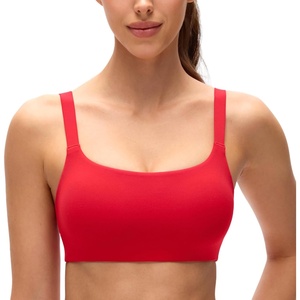 CRZ YOGA Butterluxe Adjustable Wide Strap Sports Bras for Women – Square Back Padded Scoop Neck Yoga Top(Aurora Red)