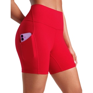 CRZ YOGA Butterluxe Biker Shorts Pockets 5″ – High Waisted Volleyball Workout Athletic Yoga Womens(Aurora Red)