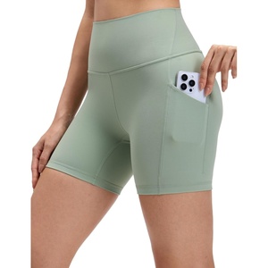 CRZ YOGA Butterluxe Biker Shorts Pockets 5″ – High Waisted Volleyball Workout Athletic Yoga Womens(Green Palm Court)