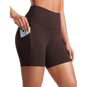 CRZ YOGA Butterluxe Biker Shorts Pockets 5″ – High Waisted Volleyball Workout Athletic Yoga Womens(Hot Fudge Brown)