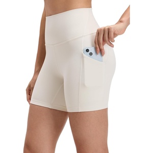 CRZ YOGA Butterluxe Biker Shorts Pockets 5″ – High Waisted Volleyball Workout Athletic Yoga Womens(Milky White (Bone))