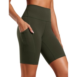 CRZ YOGA Butterluxe Biker Shorts Pockets 8″ – High Waisted Workout Yoga Volleyball Buttery Soft Womens(Olive Green)