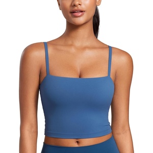 CRZ YOGA Butterluxe Cami Crop Tank Tops for Women – Square Neck Adjustable Padded Longline Sports Bras Workout Camisole(Pitch Blue)