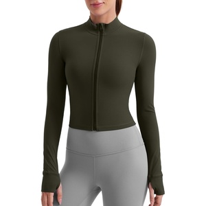 CRZ YOGA Butterluxe Cropped Athletic Jackets for Women – Full Zip Up Track Tops with Thumb Holes Pockets(Olive Green)