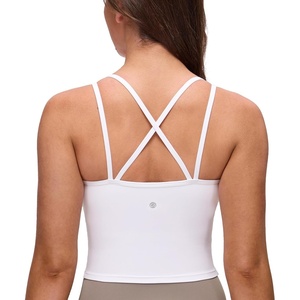 CRZ YOGA Butterluxe Cross Back Crop Tank Tops for Women – V Neck Padded Spaghetti Straps Yoga Strappy Longline Sports Bras(White)