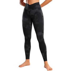 CRZ YOGA Butterluxe Crossover Waist Leggings 28″ – Criss Cross Full Length Workout Athletic Womens Yoga Pants(Black Tie Dye Flowers)