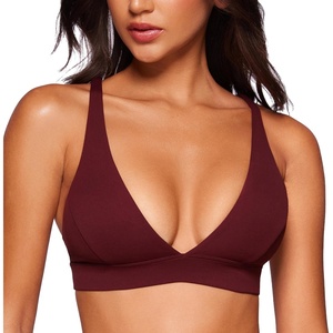 CRZ YOGA Butterluxe Deep V-Neck Sports Bras for Women – Spaghetti Strap Criss Cross Padded Top Low Coverage Wireless Yoga(Red Merlot)