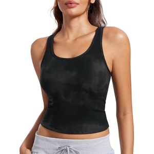 CRZ YOGA Butterluxe Double Lined Tank Tops for Women – Workout Casual Scoop Neck Racerback Crop Sleeveless Shirt(Black Tie Dye Flowers)