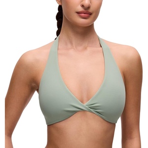 CRZ YOGA Butterluxe Double Lined Twist Halter Sports Bras for Women – Deep V Neck Crop Top Casual Open Back Non Padded(Green Palm Court)