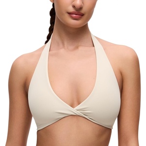 CRZ YOGA Butterluxe Double Lined Twist Halter Sports Bras for Women – Deep V Neck Crop Top Casual Open Back Non Padded(Mojave Tan)