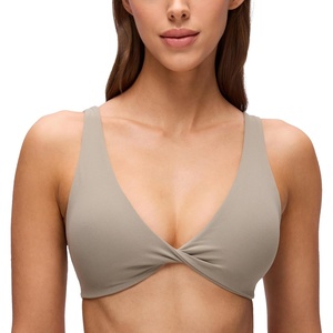 CRZ YOGA Butterluxe Front Twist Deep V Neck Sports Bras for Women – Wide Straps Padded U Back Yoga Crop Top(Warm Ash Grey)