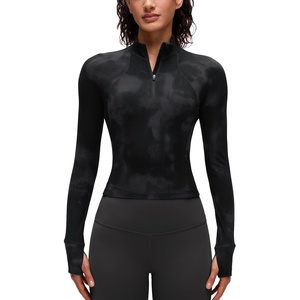 CRZ YOGA Butterluxe Half Zip Long Sleeve Shirts for Women – Workout Athletic Yoga Tops Crop Collared Quarter Zipper T-Shirt(Black Tie Dye Flowers)
