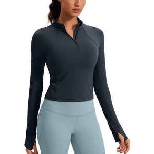 CRZ YOGA Butterluxe Half Zip Long Sleeve Shirts for Women – Workout Athletic Yoga Tops Crop Collared Quarter Zipper T-Shirt(True Navy)