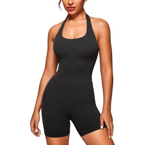CRZ YOGA Butterluxe Halter Backless Athletic Rompers for Women Workout Bodycon One Piece Shorts Jumpsuit with Pads(Black)
