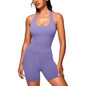 CRZ YOGA Butterluxe Halter Backless Athletic Rompers for Women Workout Bodycon One Piece Shorts Jumpsuit with Pads(Dark Lavender Purple)