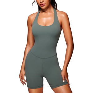 CRZ YOGA Butterluxe Halter Backless Athletic Rompers for Women Workout Bodycon One Piece Shorts Jumpsuit with Pads(Grey Sage)