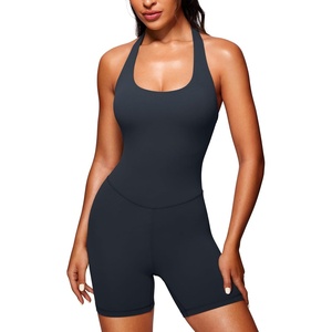 CRZ YOGA Butterluxe Halter Backless Athletic Rompers for Women Workout Bodycon One Piece Shorts Jumpsuit with Pads(True Navy)