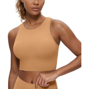 CRZ YOGA Butterluxe High Neck Crop Tank Tops for Women – Racerback Padded Longline Sports Bras Workout(Doe Brown)