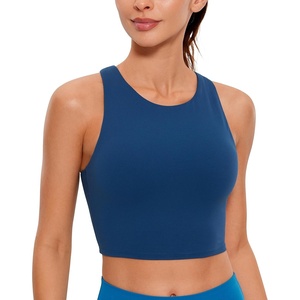 CRZ YOGA Butterluxe High Neck Crop Tank Tops for Women – Racerback Padded Longline Sports Bras Workout(French Navy)