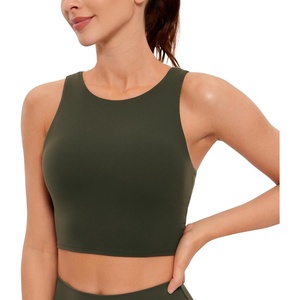 CRZ YOGA Butterluxe High Neck Crop Tank Tops for Women – Racerback Padded Longline Sports Bras Workout(Olive Green)