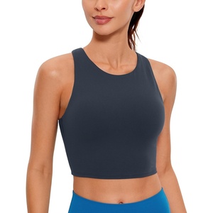 CRZ YOGA Butterluxe High Neck Crop Tank Tops for Women – Racerback Padded Longline Sports Bras Workout(True Navy)